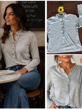 Brooks Brothers Grey Ruffle Trim Henley Top – Soft Classic Fit 🤍